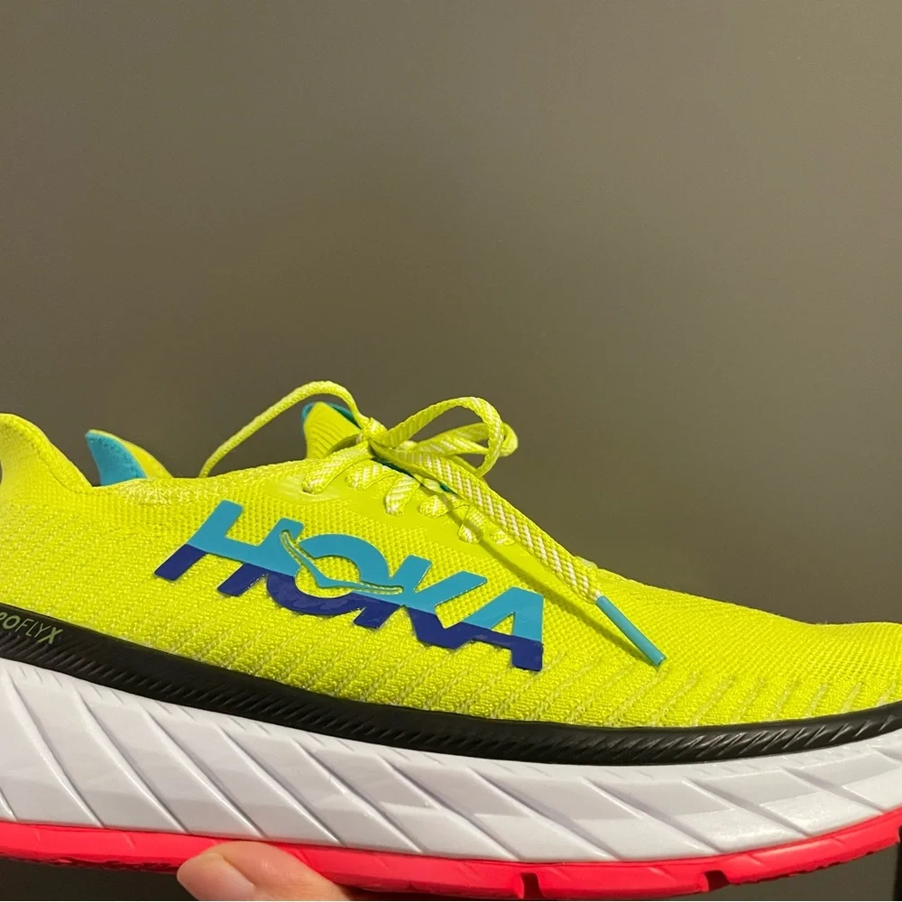 Hoka One One Bright Yellow and Teal Athletic Running Shoes with Pink Toe Accents